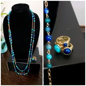 Long 2 Strand Blue & Turquoise Necklace Set